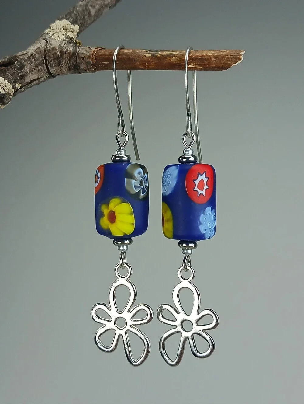 Millefiori Glass Flower Earrings Colorful Artisan Floral Dangles Hand Crafted